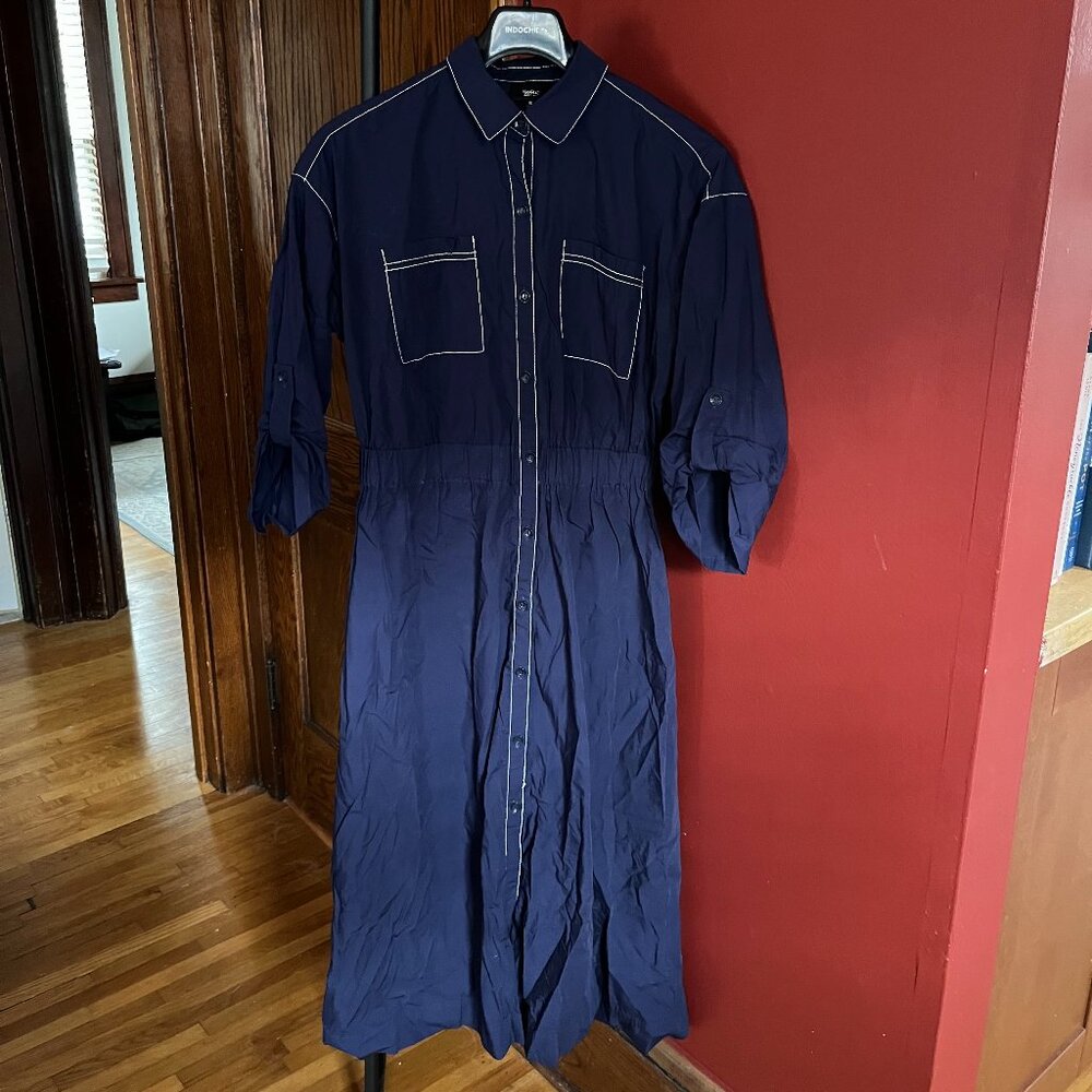 Massimo Collared Contrast Stitching Cinch Waist Blue Shirt Dress